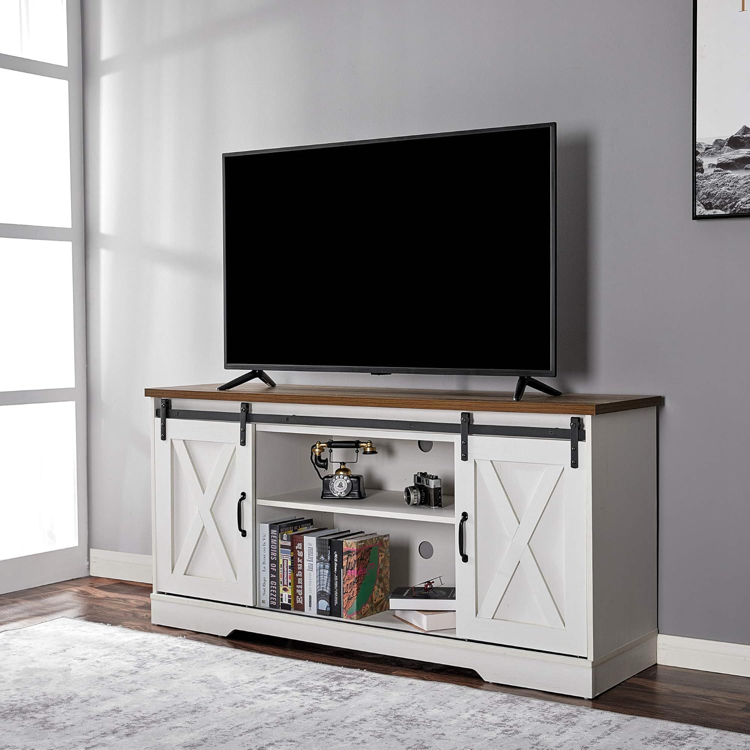Amerlife TV Stand Sliding Barn Door Farmhouse Wood Entertainment Center, Storage Cabinet Table Living Room with Adjustable Shelves for TVs Up to 65