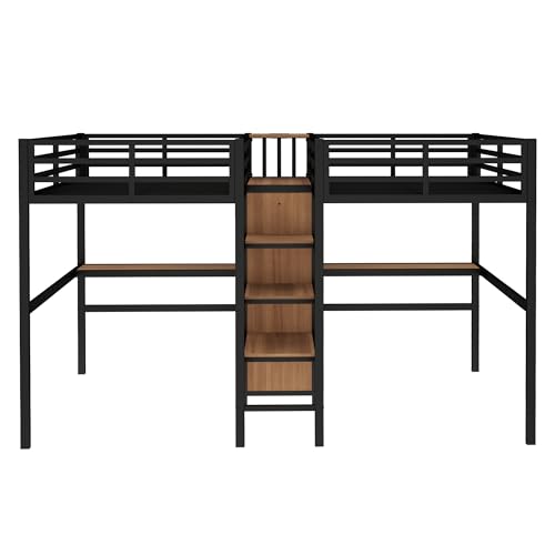 Twin Size Double Loft Bed with Desks, Heavy Duty Metal Loft Bed Frame with Charging Station, Wardrobe & Storage Shelves, Noise Reduced