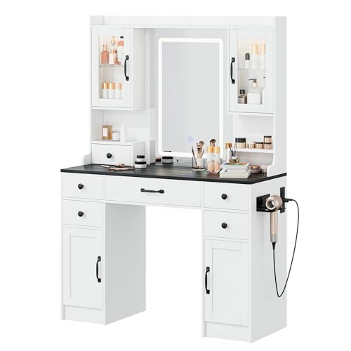 NUNU LAB 42 Inchs Large Vanity Desk with Mirror and Lights with 6 Drawers and 4 Cabinets, Big Women Makeup Table with Power Outlet
