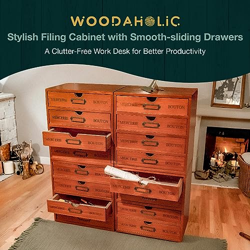 16-Drawer Wooden Storage Box (19.6”x6.89”x19.6”) VIntage Filing Cabinet in Walnut Wood - 16-Slot Wooden Desk Drawer Unit w/Label Holders & Handles