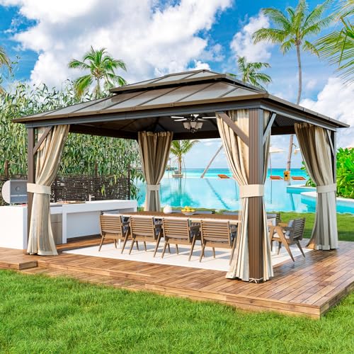 YOLENY 10'x13' Hardtop Gazebo, Outdoor Polycarbonate Double Roof Canopy, Aluminum Frame Permanent Pavilion with Curtains and Netting