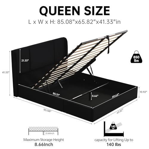VELOCAVA Queen Size Lift Up Storage Bed with Modern Wingback Headboard, Upholstered Platform Bed with Fabric with Hydraulic Support Bars