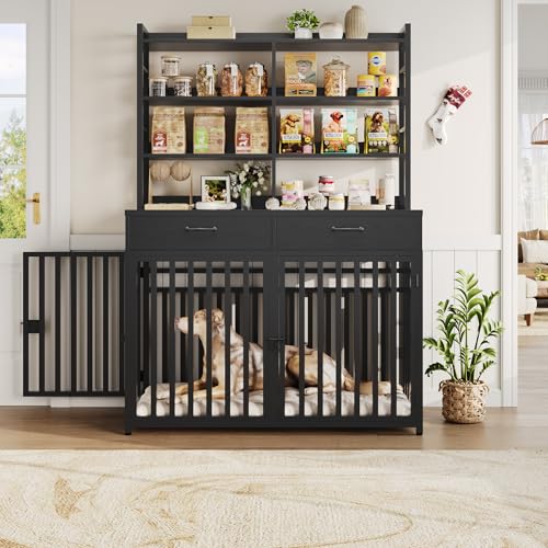 Keyluv 71''H x 47.2''W Large Dog Crate Furniture with 4-Tier Shelves and 2 Storage Drawers, Heavy Duty Dog Cage Furniture with 2 Doors