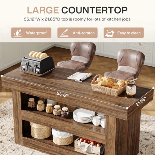 Tribesigns 55-Inch Kitchen Island with Storage, Farmhouse 3-Tier Stationary Island Table with Large Countertop