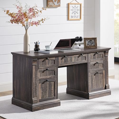 OKD 60" Executive Desk with Drawers, Farmhouse Home Office Desk with Charging Station, Keyboard Tray, File Cabinet Storage
