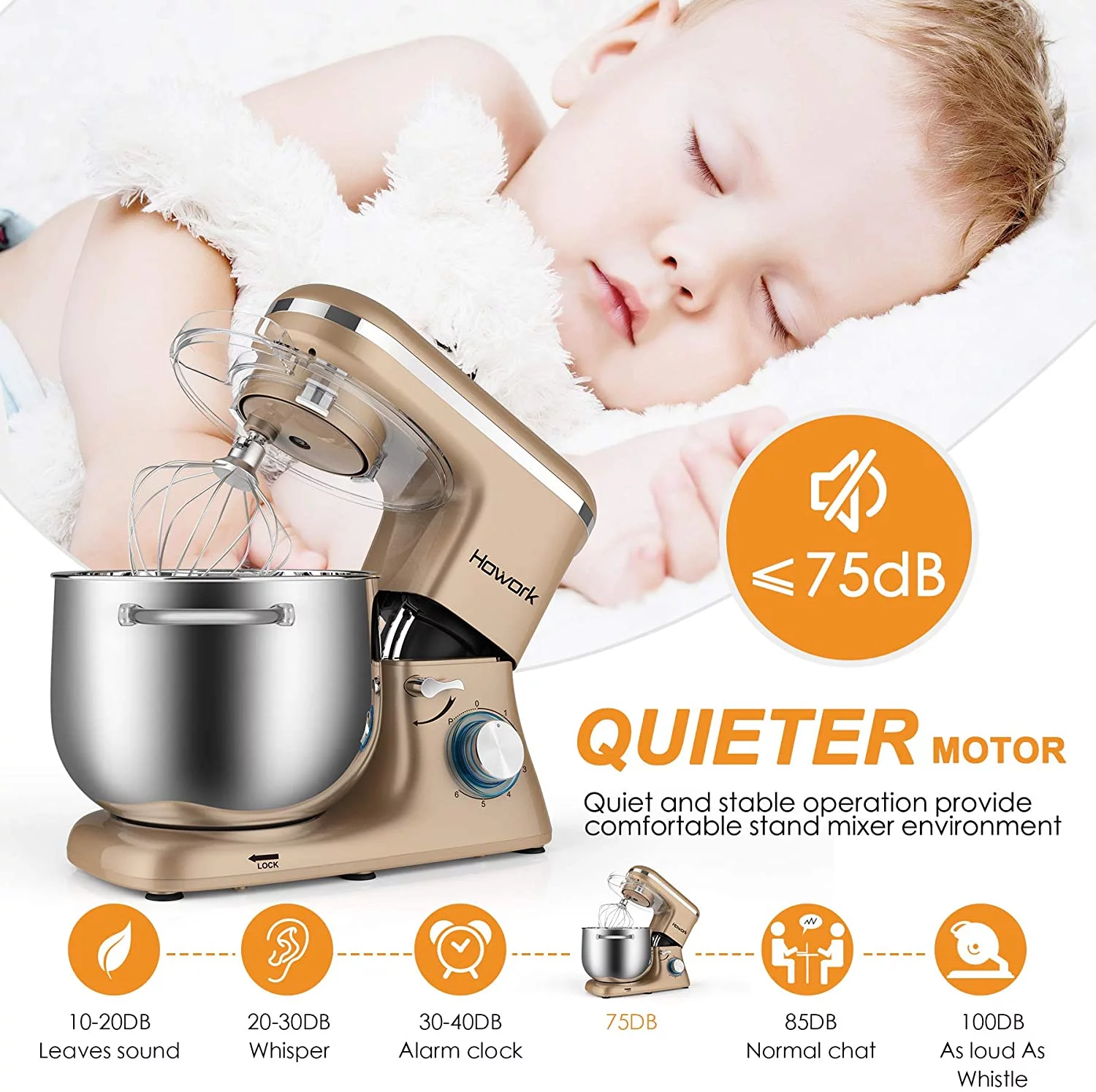HOWORK Stand Mixer, 8.45 QT Bowl 660W Food Mixer, Multi Functional Kitchen Electric Mixer With Dough Hook, Whisk, Beater (8.45 QT, Champagne Gold)