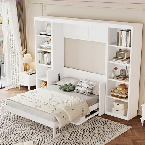 SOFTSEA Full Size Murphy Bed with Desk and Shelves, 110" Solid Folable Platform Bed with Double Storage Cabinets