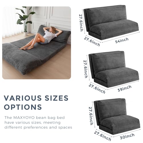 MAXYOYO Bean Bag Bed Folding Sofa Bed Floor Mattress for Adults, Extra Thick and Long Floor Sofa with Corded Washable Cover, Dark Grey, 30x95 Inch