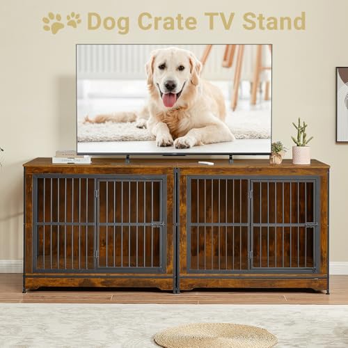 Rovibek 86" Stackable Dog Kennel Furniture with Removable Divider & 3 Doors, Double Dog Crates Furniture for 2 Dogs, Corner Dog Crate Furniture