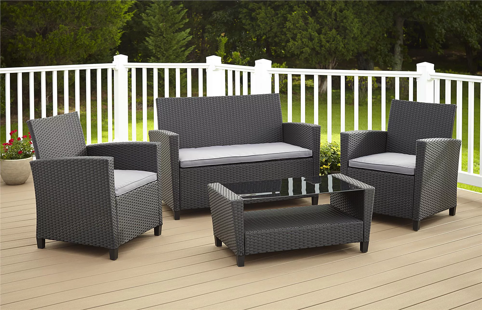 COSCO Outdoor 4 Piece Conversation Set, No Tools Assembly, Gray Cushions, Black Resin Wicker