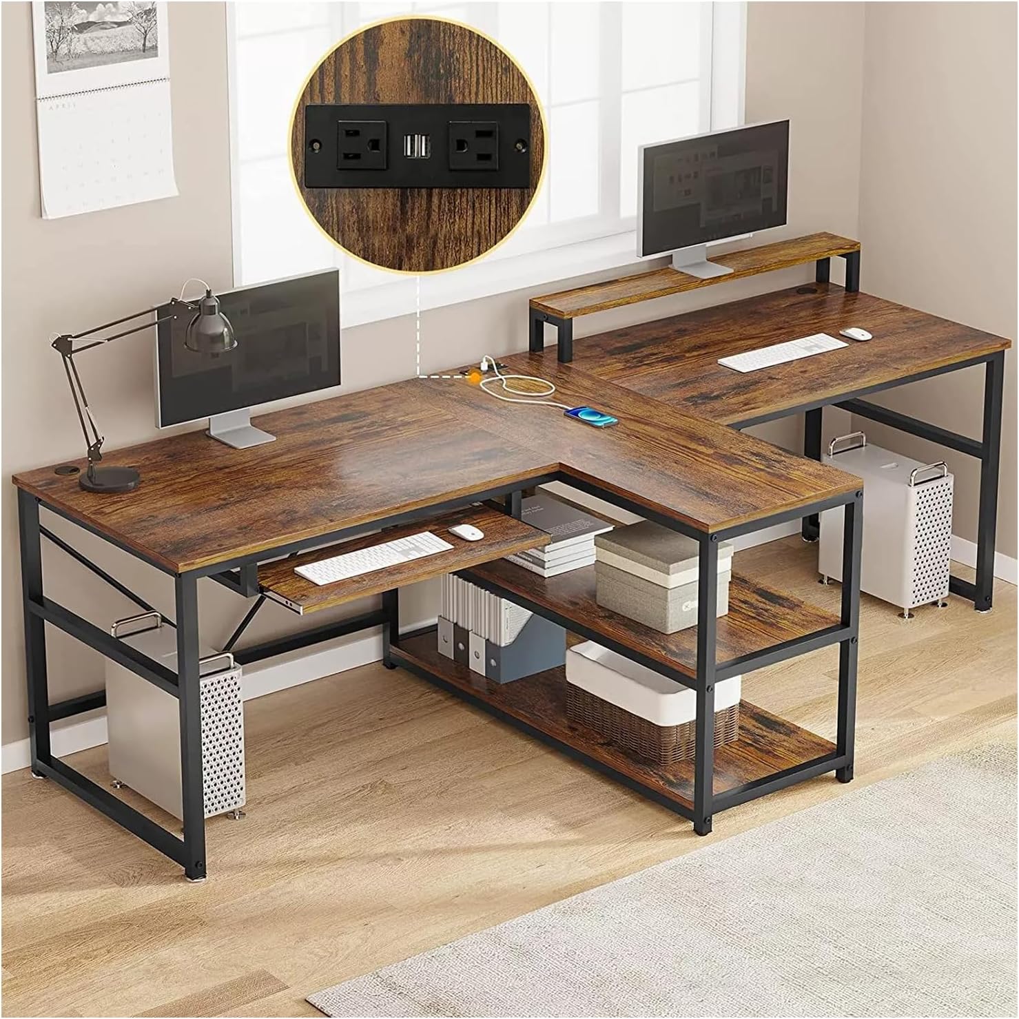New Brown 95 Inches Home Office Desks Computer Gaming Desk Extra Long Double Desk for 2 Person RGB LED Lights Shelves Table Gamer Ergonomic Storage