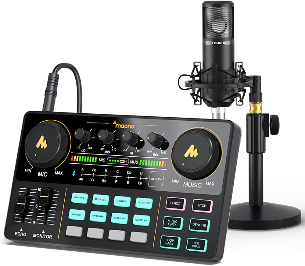 Audio Interface with DJ Mixer and Sound Card, Maonocaster Lite Portable ALL-IN-ONE Podcast Production Studio withMicrophone for Guitar
