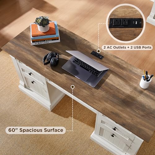 OKD 60" Executive Desk with Drawers, Farmhouse Home Office Desk with Charging Station, Keyboard Tray, File Cabinet Storage