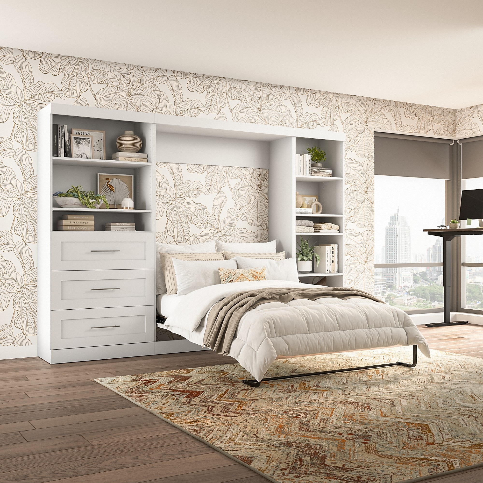 Bestar Pur Full Murphy Bed with Shelving and Drawers (120W) in Rustic Brown