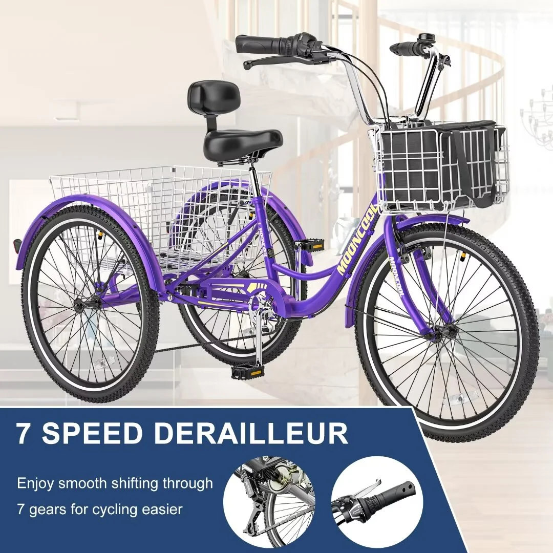 Docred Adult Tricycle 7 Speed 24 Inch Three Wheel Bike Cruiser Trike for Men/Women/Seniors