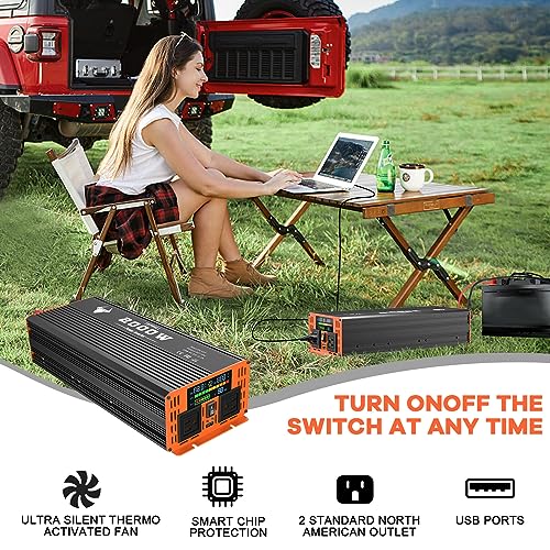 3000 Watt Power Inverter, Car/Home 12V DC to 110V AC Converter, with LED Display, Dual AC Outlets, USB Port, Dual Smart Fans, Cables Included