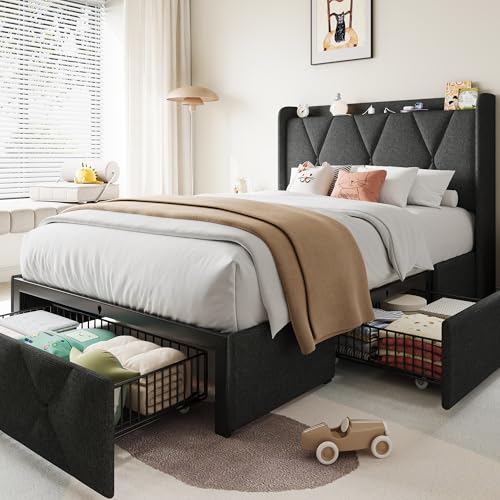 Queen Bed Frame with 4 Storage Drawers and Charging Station, Upholstered Platform Bed Frame with Storage Headboard, No Box Spring Needed