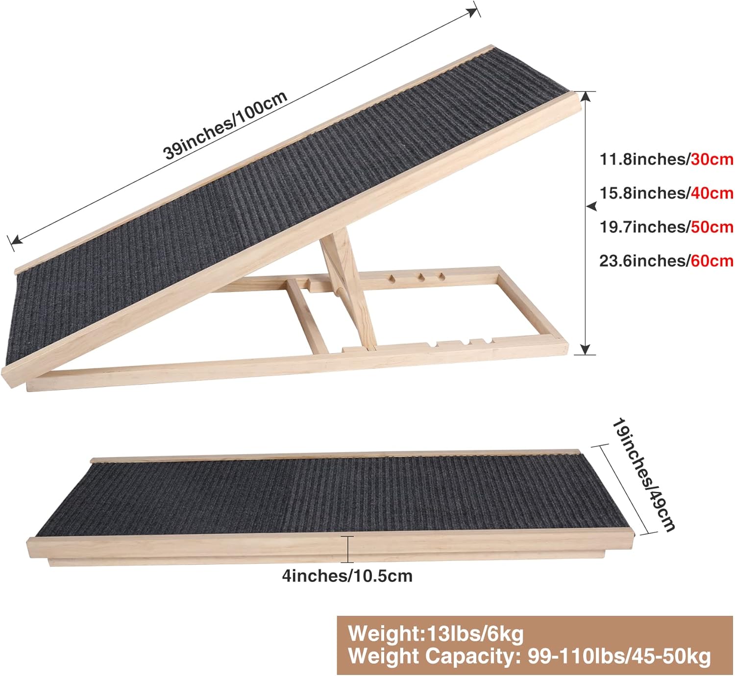Domaker Wooden Pet Ramp for Dogs and Cats, Dog Ramp Height Adjust from 11.81inches to 23.6inches with Non Slip Carpet Surface for SUV, Bed, Couch