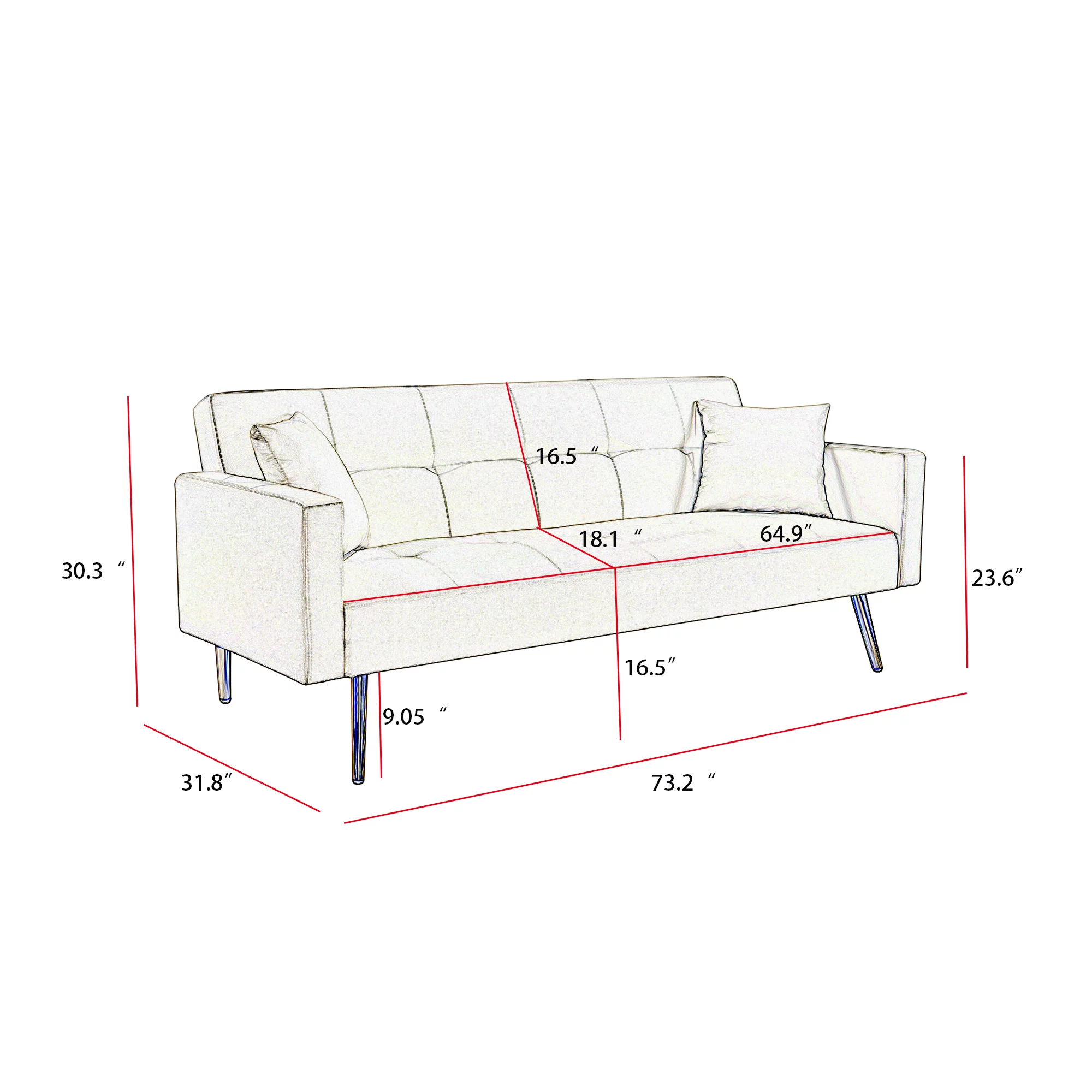 Gray Velvet Sofa, KAMIDA Futon Sofa Bed, Convertible Sofa Bed with 2 Pillows, Modern Couch and Sofa, Sofa Bed with Metal Legs