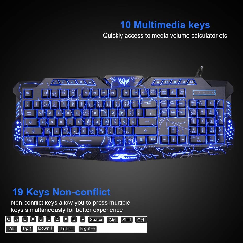BlueFinger Backlit Gaming Keyboard and Mouse and LED Headset Combo,USB Wired 3 Color Crack Backlit Keyboard,Blue LED Light Gaming Headset