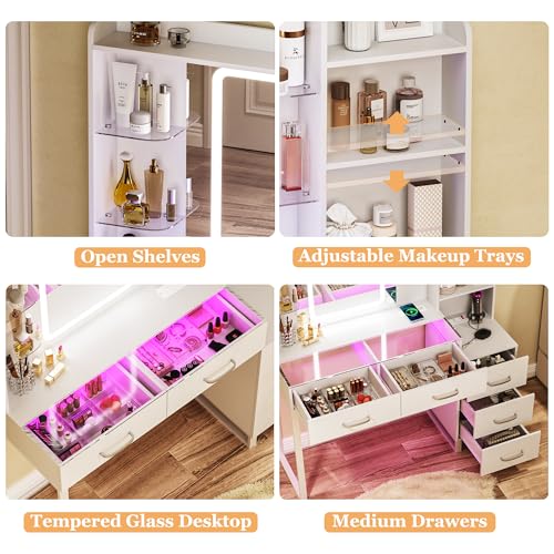 Vanity Desk with Mirror and LED Lights, 43" Makeup Vanity with Glass Top & Wireless Charging, Vanity with RGB Drawers, 3 Colors Light