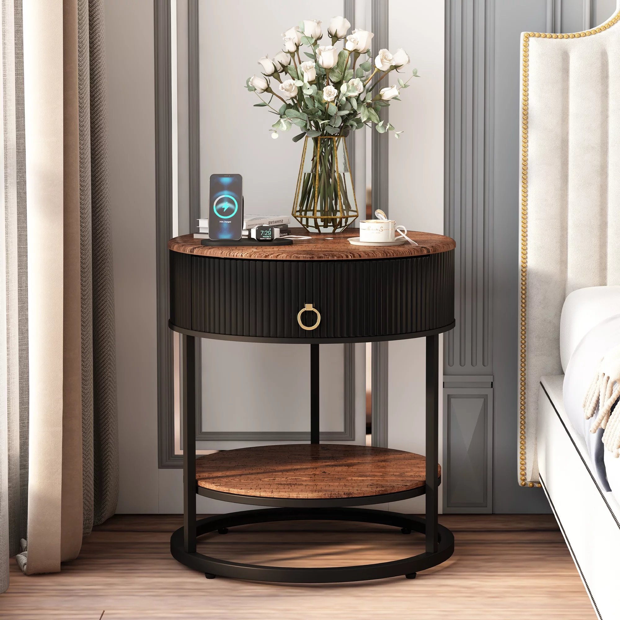 ASYA Metal End Table with Drawer, 21.65’’ Sofa Side Table, 2-Tier Round Nightstand for Bedroom, Black