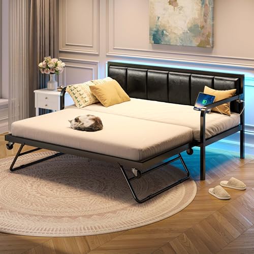 Rolanstar Daybed with Charging Station and LED Lights, Height Adjustable Twin Daybed with Trundle