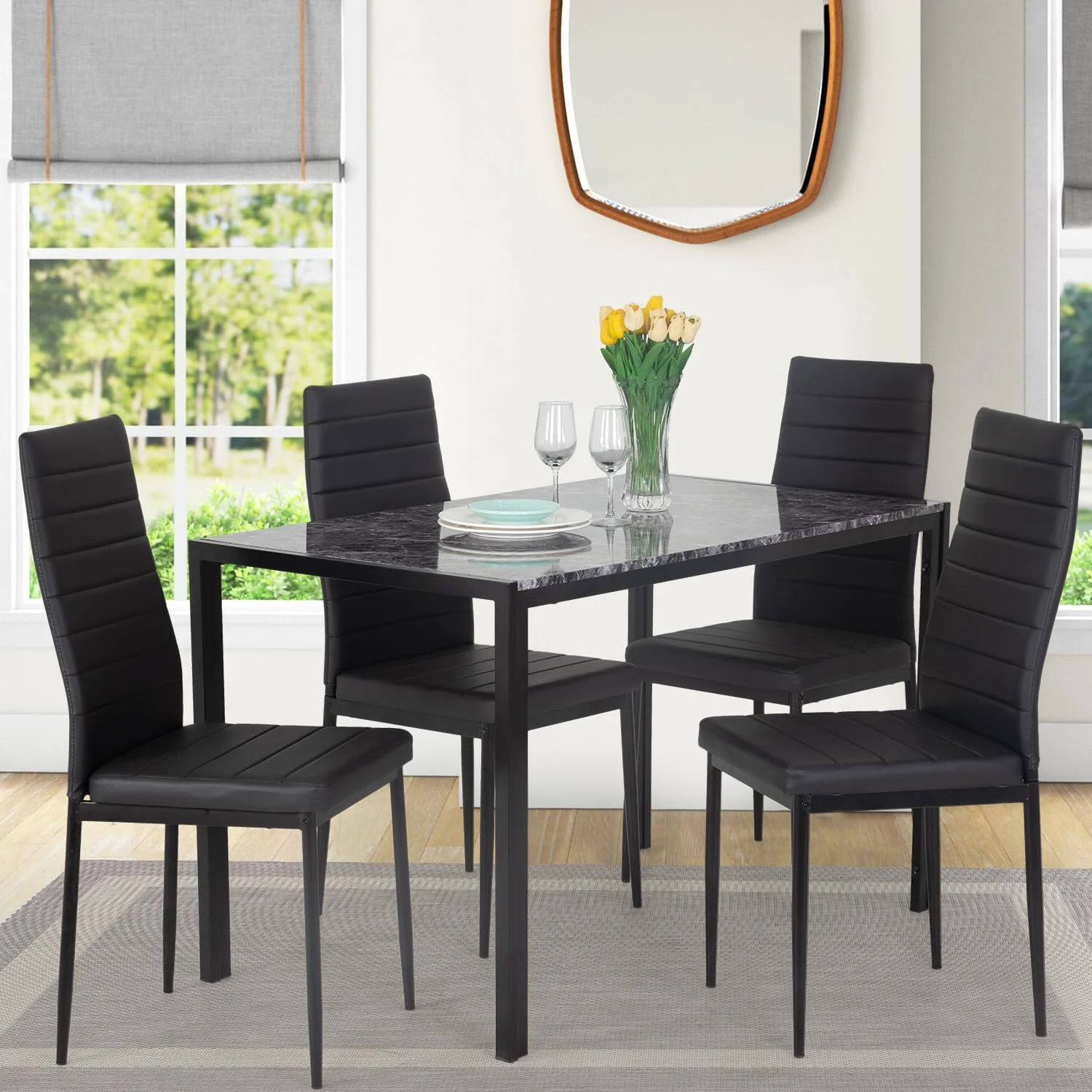 5 Piece Table And Chairs Dining Table Set Kitchen Table For Small Spaces Dinning Room Marble Grain (Black)