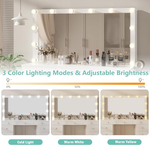 Likein Vanity Desk with Mirror and Lights, White Vanity with Jewelry Storage Cabinet, Makeup Dressing Table with 11 Drawers, Charging Station