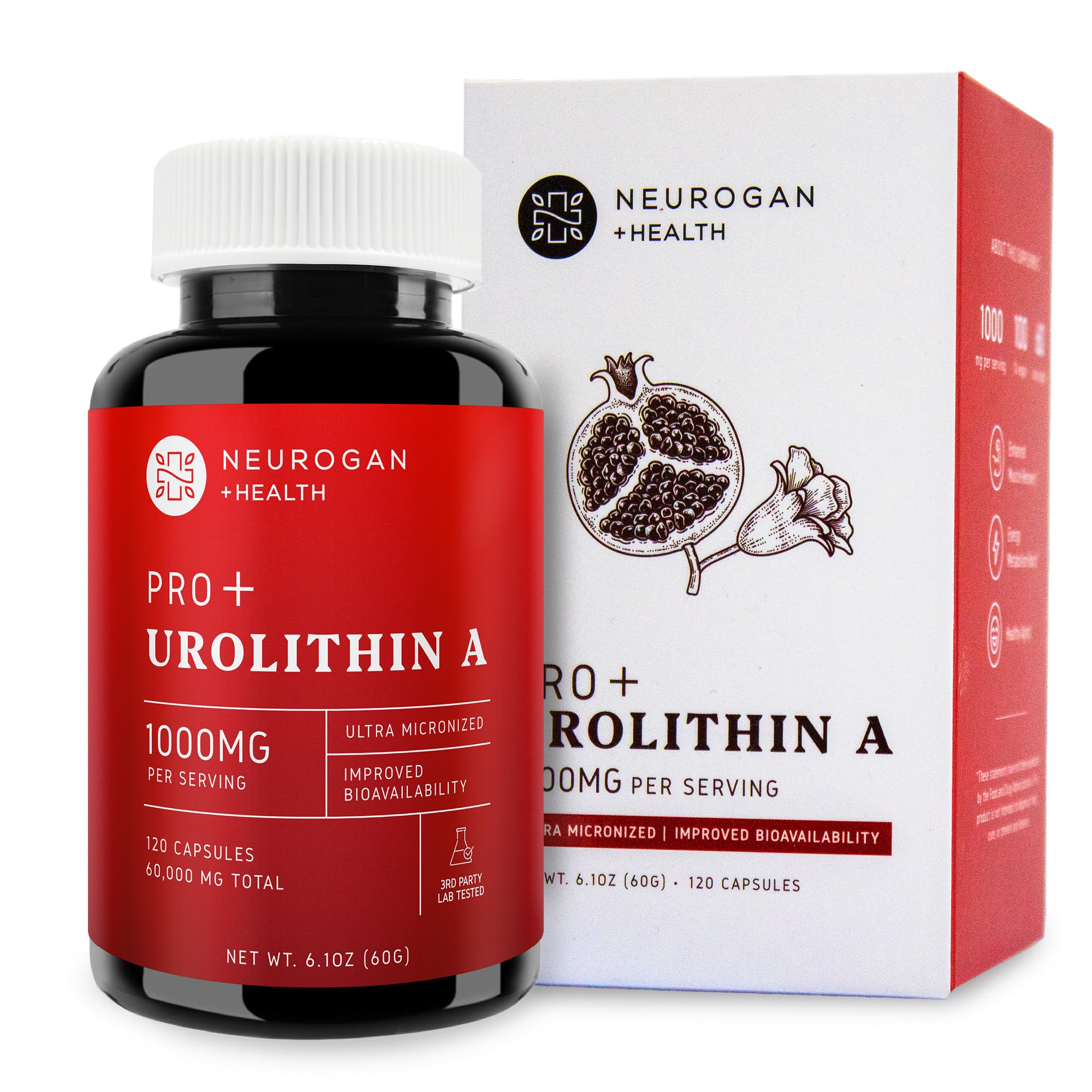 NEUROGAN Enhanced Strength Urolithin A Pro Capsules - 1000mg, 120 Count - Advanced Cellular Health & Vitality - 60,000mg Ultra Micronized
