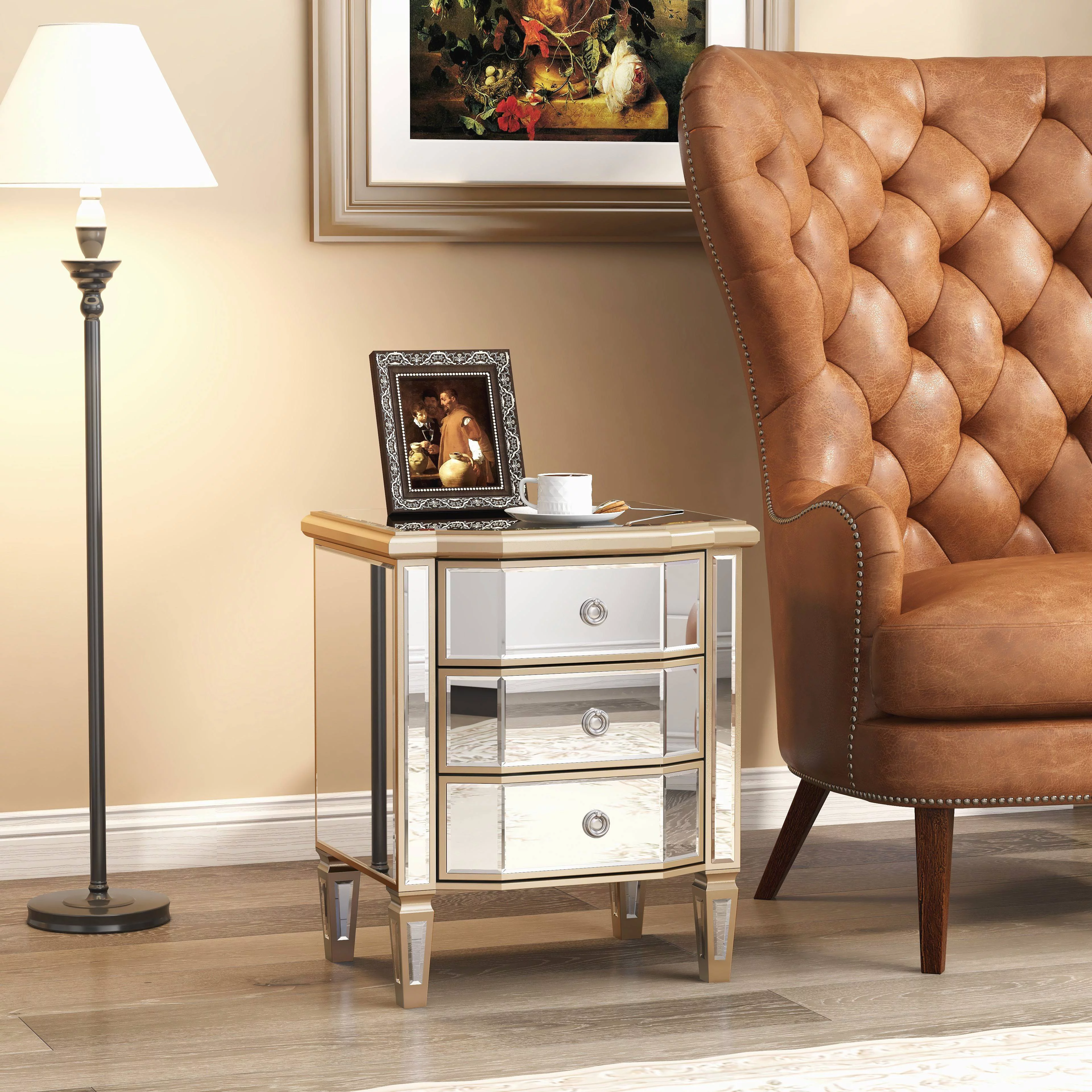 Accent Mirror Glass 3 Drawers Vintage Nightstand End Table Bedside Table Furniture for Bedroom, Living Room