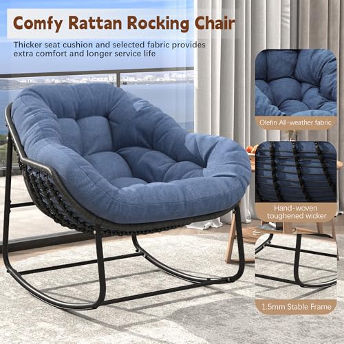 Outdoor Indoor Rocking Chair, Patio Wicker Egg Chair, Indoor & Outdoor Comfy Oversized Papasan Chair with Padded Cushion