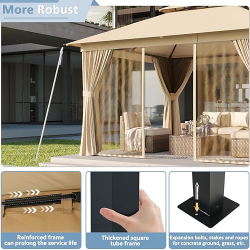 Aoxun 10'x12' Outdoor Patio Gazebo, Heavy Duty Party Tent with Wind-Resistant Ropes
