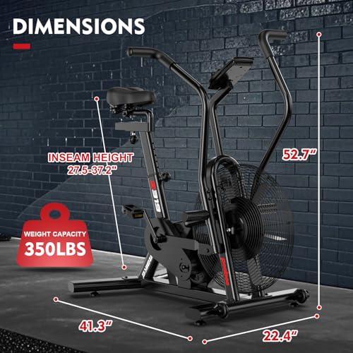 pooboo Exercise Bike, Stationary Bike for Home Gym, Air Resistance Bluetooth Fan Bike w/Dual Acction Handlebars & Dual-Layer Transmission System