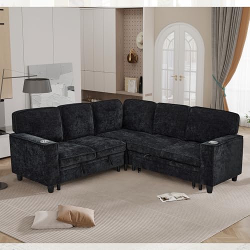 L-Shaped Pull Out Sleep Sofabed,Modern Reversible Sleeper Sectional Sofa Chenille Upholstered Button Tufted Decor with Storage Chaise