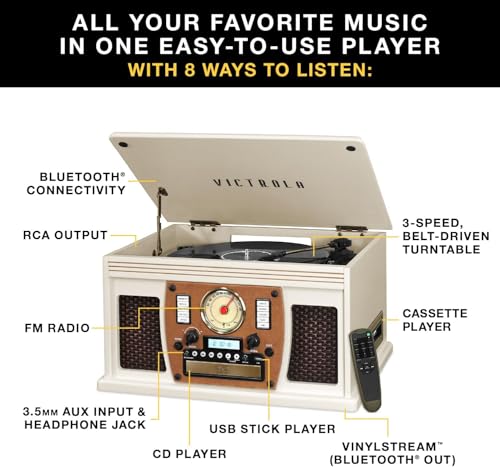 Victrola Navigator 8-in-1 Bluetooth Record Player with Built-in Speakers– 3 Speed Turntable, CD Player, Cassette, FM Radio, USB, RCA Out