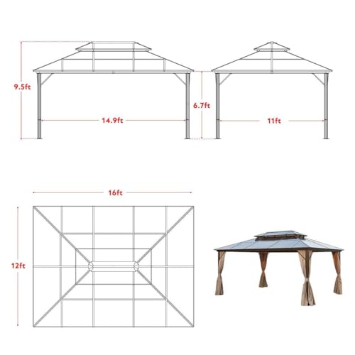MELLCOM 10'x13' Hardtop Gazebo with Polycarbonate Double Roof, Aluminum Frame Outdoor Gazebo Permanent Pavilion with Curtains and Netting for Patio