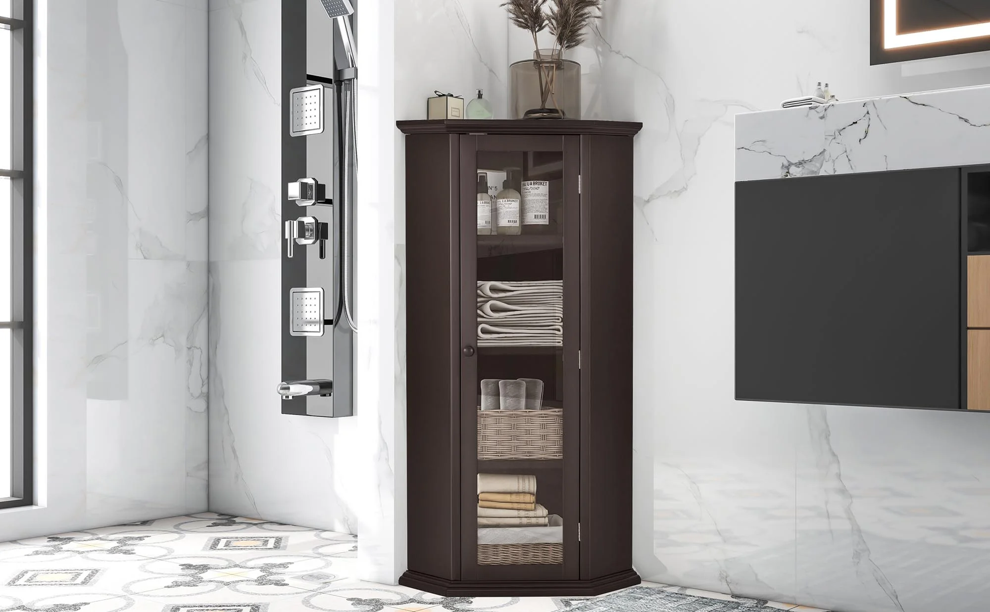 Freestanding Bathroom Cabinet with Glass Door, Corner Storage Cabinet for Bathroom, Living Room and Kitchen, MDF Board with Painted Finish
