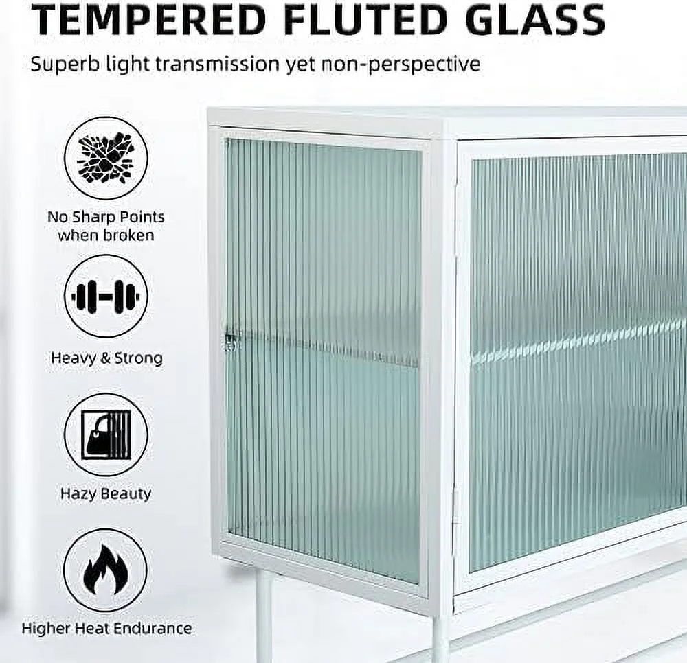 TJUNBOLIFE Retro Style Fluted Glass  Cabinet Corner Cabinet Sideboard Dual Doors Three Detachable Wide Shelves Enclosed Dust-Free  for Living Room