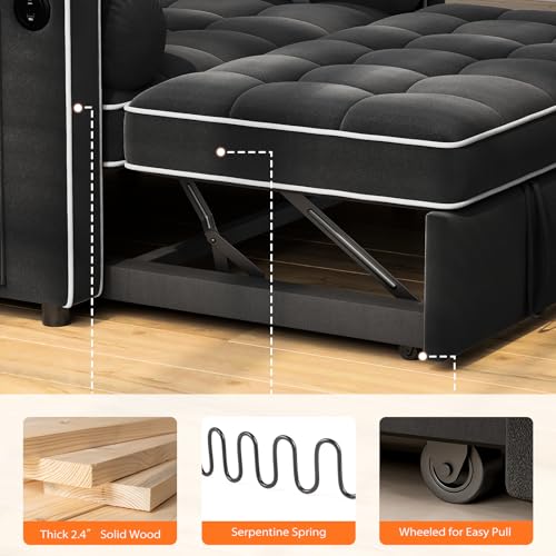 Pipishell 3 in 1 Convertible Sleeper Sofa Bed,Pull Out Couch for Living Room with USB Ports & Side Pockets,Adjustable Backrest,Velvet