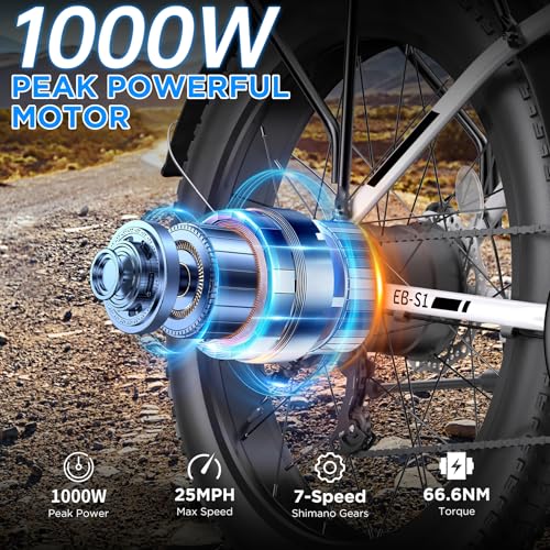 Electric Bike for Adults, 1000W Peak Ebike, 25MPH 60Miles Electric Mountain Bike, 26" Fat Tire Electric Bicycle with 48V 13AH Battery, Rear Rack