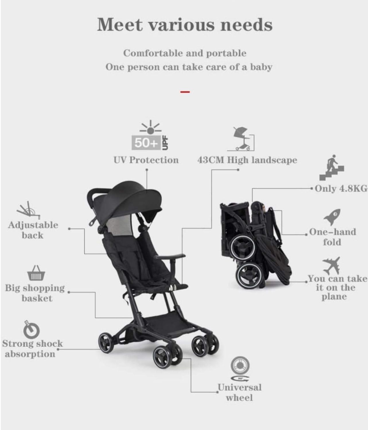 SHaHa Umbrella Stroller Convenience Stroller Lightweight Baby Stroller 1 Hand Fold Travel Stroller with Storage Basket Sun Canopy for Infant and