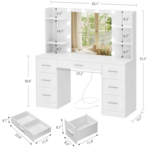 Quimoo Large Vanity Desk with LED Lighted Mirror & Power Outlet,Makeup Vanity Table with 7 Drawers,4 Shelves and 5 Hooks,Vanity Table