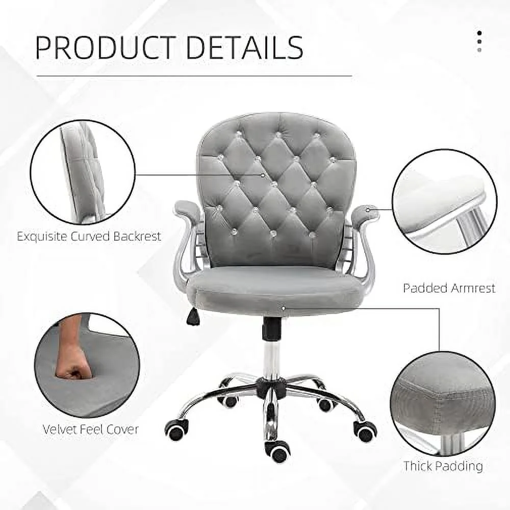 RUNFAYBIU Velvet Home Office Chair  Button Tufted Desk Chair with Padded Armrests  Adjustable Height and Swivel Wheels  Pink