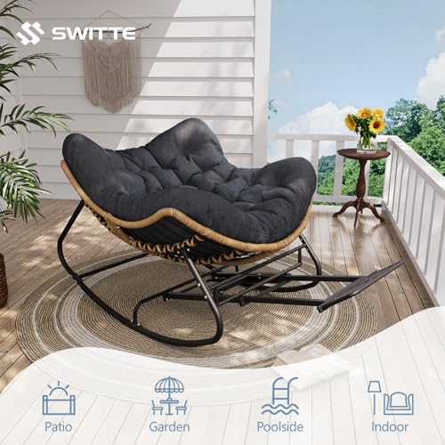 SWITTE Outdoor Rocking Chair, Oversized Patio Papasan Rocker, Comfy Wicker Reading Lounge, Indoor Egg Chair for Bedroom, Living Room, Porch, Garden