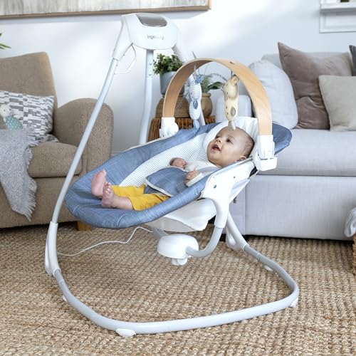 Ingenuity SimpleComfort Lightweight Compact 6-Speed Multi-Direction Baby Swing, Vibrations & Nature Sounds, 0-9 Months 6-20 lbs (Pink Cassidy)
