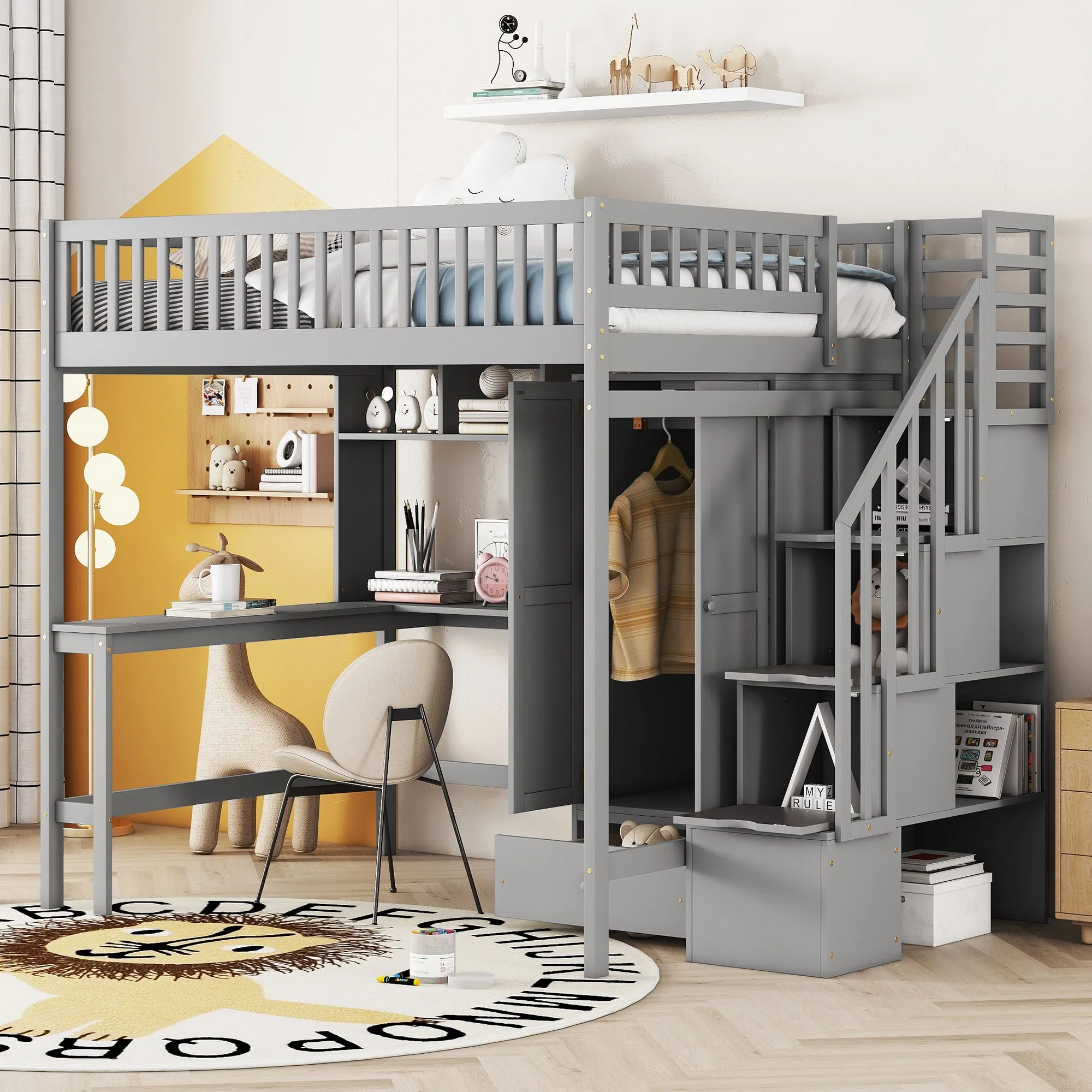Full size Multifunctional High Loft Bed with Under-bed Desk, Shelves and Wardrobe, Sturdy Wooden Loftbed Frame with Bookshelf