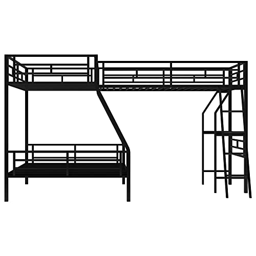 SOFTSEA Heavy Duty Metal Triple Bunk Bed, L Shaped Triple Bunk Bed with Desk, Bunk Beds Twin Over Full Size