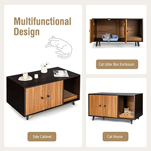 PETSITE Cat Litter Box Enclosure, Wooden Litter Box Cabinet with Divider, Scratching Pad & Metal Legs