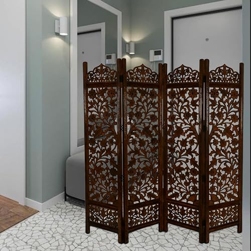 Lightnpro Wooden Room Divider - Handmade Foldable Partition Screen with Intricate Oval Carved Design Hinged